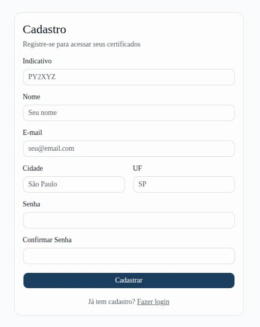 Formulário de cadastro com os campos Indicativo, Nome, E-mail, Cidade, UF, Senha e Confirmar Senha