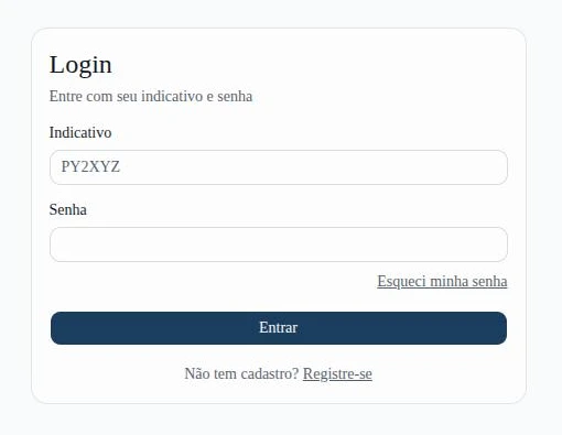 Tela de login com os campos Indicativo e Senha e o botão Entrar