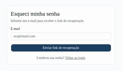 Tela de recuperação de senha com o campo E-mail e o botão Enviar link de recuperação