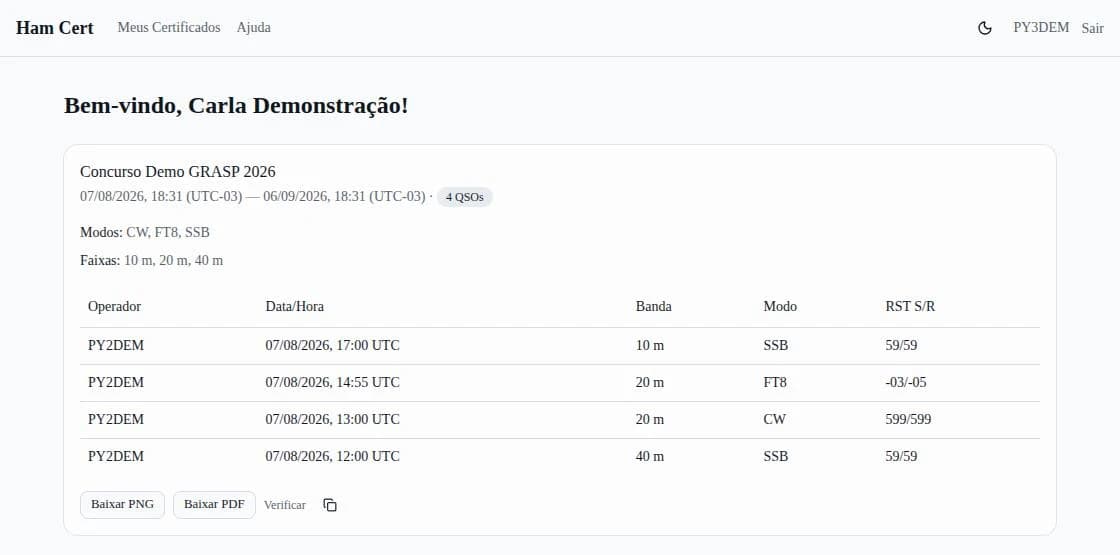Página Meus Certificados com um cartão de evento, a tabela de QSOs e os botões de download