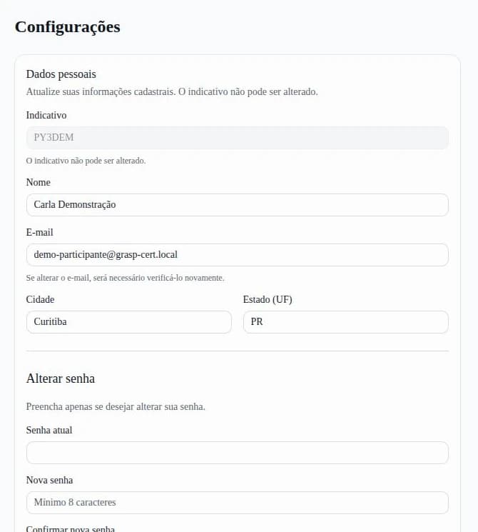 Tela de Configurações com o cartão Dados pessoais e o campo Indicativo desabilitado