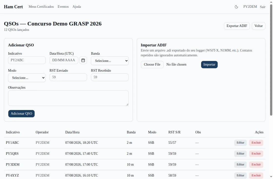 Tela de QSOs do evento com o formulário Adicionar QSO, o painel Importar ADIF e a tabela de contatos
