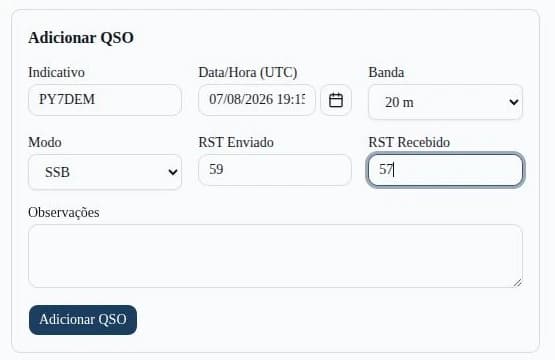 Formulário Adicionar QSO preenchido com indicativo, data/hora, banda, modo e RST
