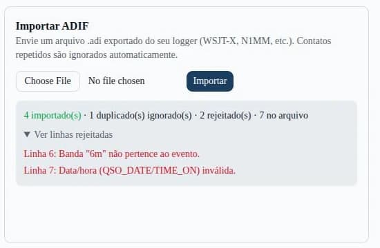 Painel de importação ADIF com o resumo de importados, duplicados e rejeitados e a lista de linhas recusadas
