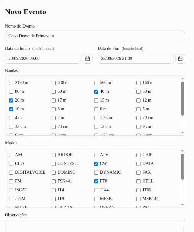 Formulário de novo evento preenchido com nome, datas e faixas e modos marcados