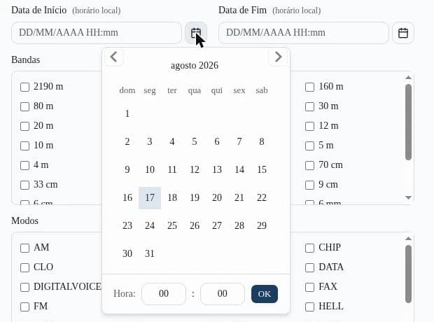 Seletor de data aberto, com o calendário do mês, os campos de hora e minuto e o botão OK