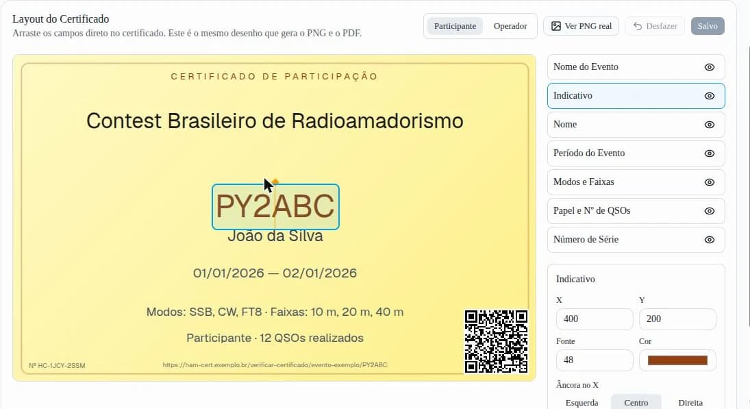 Editor visual do template com o campo Indicativo selecionado no certificado e o painel de ajustes ao lado